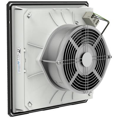 Ein quadratischer Ventilator mit Metallgitter und Kunststoffrahmen, montiert auf einer Wandplatte. Dient zur Luftzirkulation.
