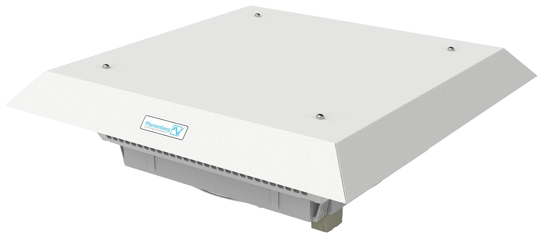 Ein rechteckiger weißer Dachventilator mit einer flachen, geneigten Abdeckung und vier Befestigungsschrauben.