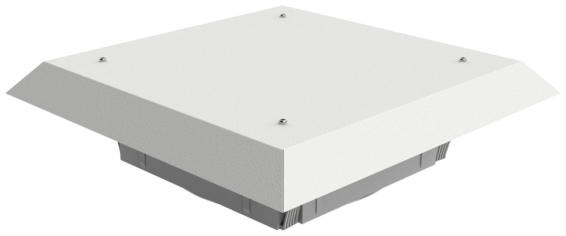 Weiße, quadratische Lüftungsabdeckung mit abgeschrägten Kanten und Metallverbindungen, zur Verwendung auf Dächern oder Wänden.