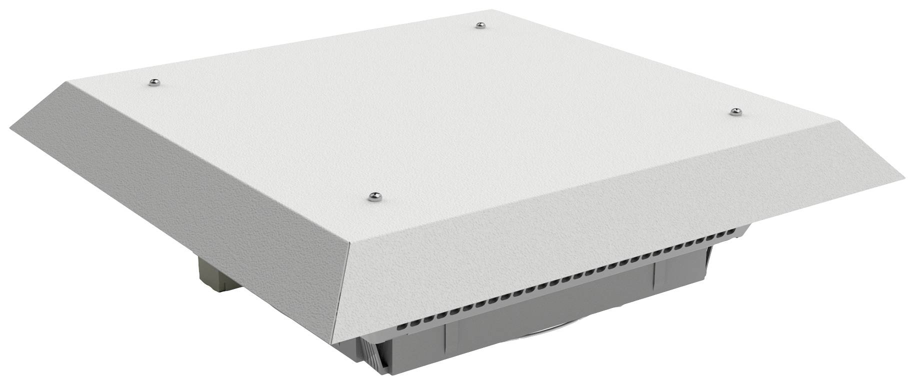 Ein rechteckiger Metalllüftungsdeckel mit sichtbaren Schrauben an den Ecken, geeignet für die Abdeckung von Ventilationssystemen.