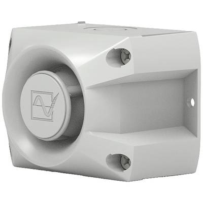 Grauer Metallblock mit runder Vertiefung und Symbol, das eine Welle darstellt. Es hat vier Befestigungslöcher an den Ecken.