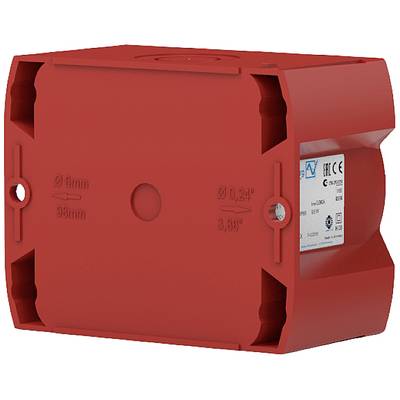 Rote, quadratische Elektronikdose mit CE- und EAC-Kennzeichnung. Geeignet für Elektroinstallationen. Maße: 98mm x 98mm.