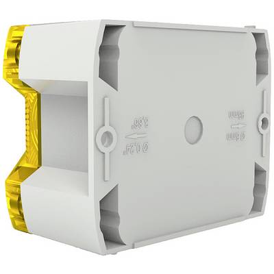 Ein weißes, rechteckiges elektrisches Gehäuse mit gelben Enden, das zur Montage von elektrischen Komponenten verwendet wird.