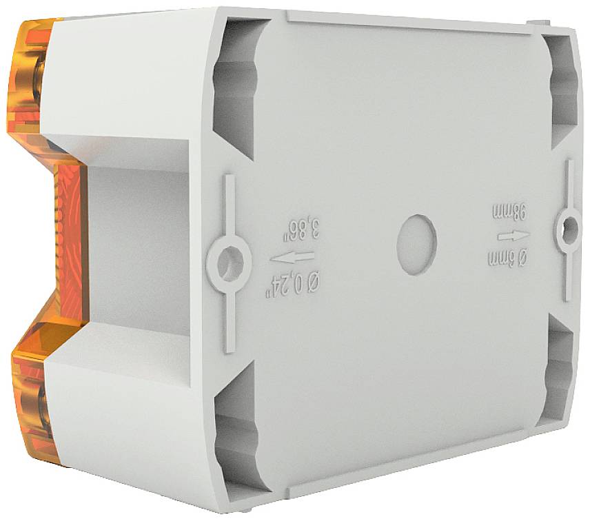 Elektrischer Verteilerblock mit transparenten, orangen Isolatoren. Hergestellt aus weißem Kunststoff, zur strukturierten Kabelverteilung.