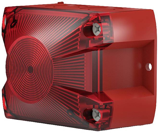 Ein roter optischer Rauchmelder mit einem kreisförmigen Alarmlicht auf der Vorderseite, geeignet zur Wandmontage in Gebäuden.