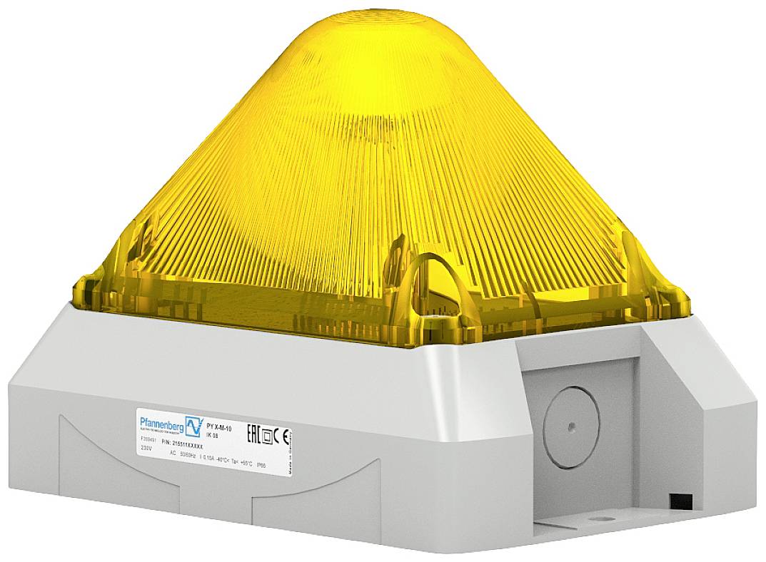 Ein gelbes Warnlicht auf grauem Gehäuse, beschriftet mit 'Pfannenberg PYRA-M'. Geeignet für industrielle Sicherheitsanwendungen.