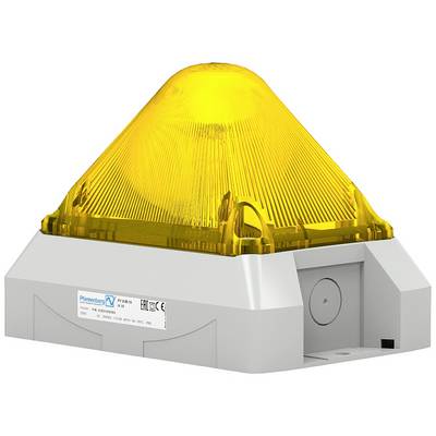 Ein gelbes Warnlicht auf grauem Gehäuse, beschriftet mit 'Pfannenberg PYRA-M'. Geeignet für industrielle Sicherheitsanwendungen.