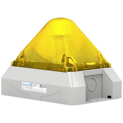 Gelbes Blinklicht auf grauem Gehäuse, verwendet als Sicherheits- oder Warnsignal; typischerweise in industriellen Umgebungen eingesetzt.