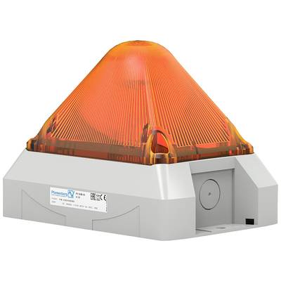Ein orangefarbenes, pyramidenförmiges Warnlicht, auf grauer Basis montiert. Verwenden für Sicherheits- oder Alarmsysteme.