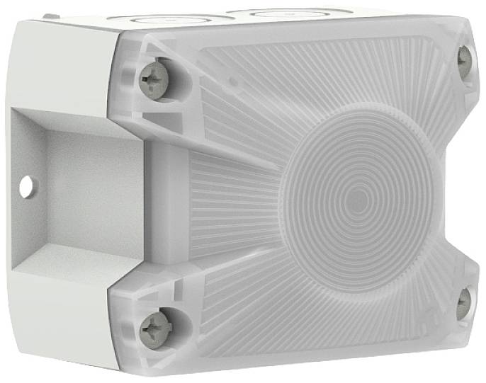 Weiße, rechteckige Kunststoffhalterung mit vier Schrauben an den Ecken und einem kreisförmigen Design in der Mitte.