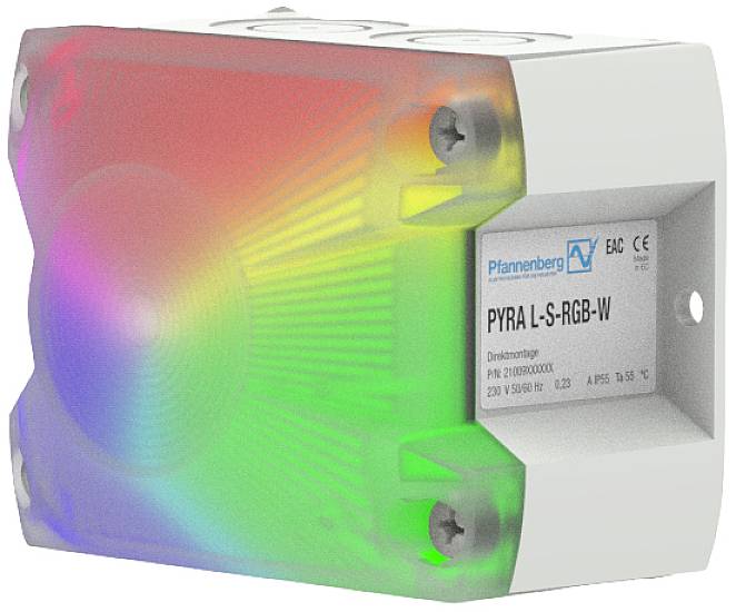 Ein RGB-Signalleuchte-Modul von Pfannenberg mit buntem Lichtschein, Modell 'PYRA L-S-RGB-W', geeignet für 230 V, IP65 zertifiziert.