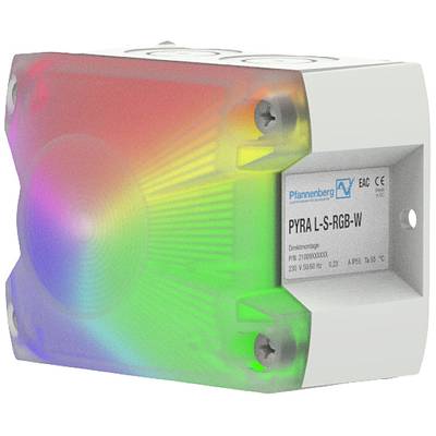 Ein RGB-Signalleuchte-Modul von Pfannenberg mit buntem Lichtschein, Modell 'PYRA L-S-RGB-W', geeignet für 230 V, IP65 zertifiziert.