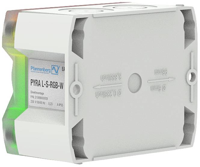 Ein weißes, rechteckiges Gerät mit dem Label 'PYRA L-S-RGB-W'; erkennbar sind bunte LEDs an den Ecken, hergestellt von Pfannenberg.