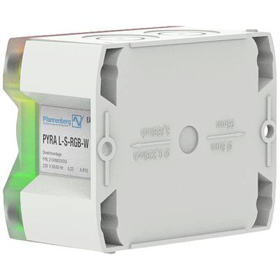 Ein weißes, rechteckiges Gerät mit dem Label 'PYRA L-S-RGB-W'; erkennbar sind bunte LEDs an den Ecken, hergestellt von Pfannenberg.