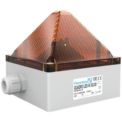 Ein orangenes LED-Warnlicht in Pyramidenform auf einem grauen Gehäuse. Markiert mit 'QUADRO LED-HI 3G/3D' auf der Seite.