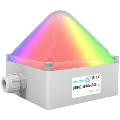 Ein LED-Leuchtgerät mit pyramidenförmigem Gehäuse leuchtet in Regenbogenfarben. Auf der Vorderseite sind CE- und EAC-Kennzeichnungen sichtbar.