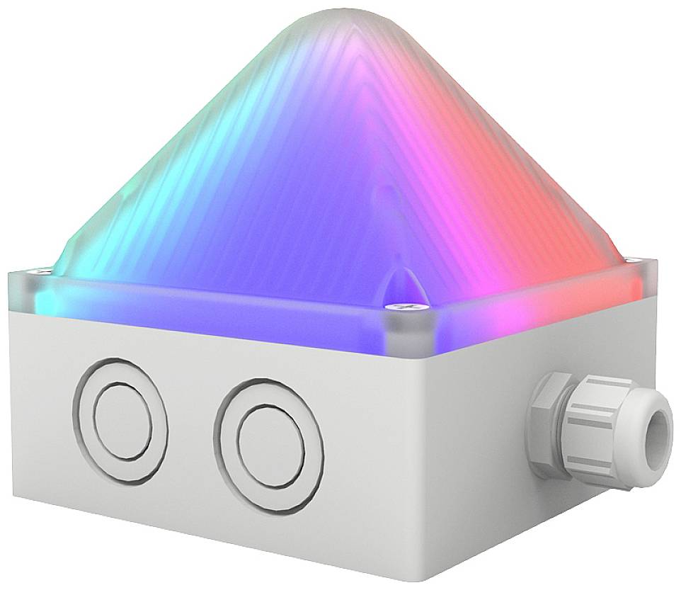 Ein pyramidenförmiges Gerät mit leuchtendem, mehrfarbigem Licht oben. Vorne sind zwei kreisförmige Tasten zu sehen.