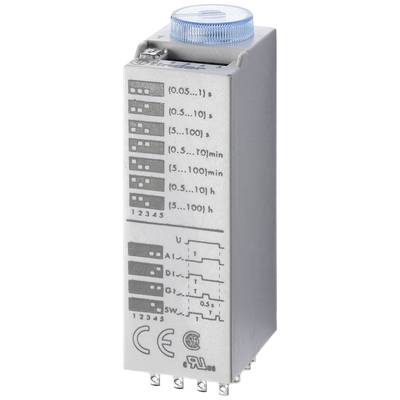 Elektronischer Zeitschalter in rechteckigem Gehäuse mit mehreren Zeitintervalleinstellungen; oben ein blauer Drehknopf.