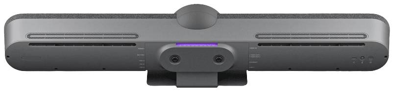 Eine schwarze Kameraeinheit mit mehreren Linsen und Sensoren, geeignet für Videokonferenzen, vor einem weißen Hintergrund.