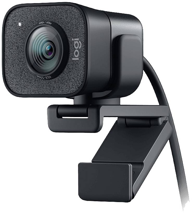 Schwarze Logitech-Webcam mit Stoffoberfläche und Befestigungsclip, geeignet für Monitore oder Laptops.