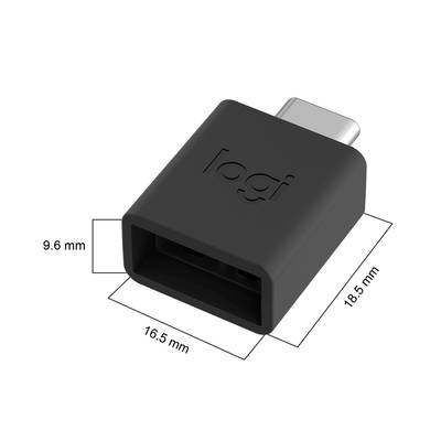 Schwarzer USB-C-auf-USB-Adapter. Maße: 16,5 mm lang, 18,5 mm breit, 9,6 mm hoch.