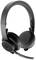 Schwarzes kabelloses Headset mit Ohrmuscheln und verstellbarem Mikrofonarm. Geeignet für Telefonate und Musik.