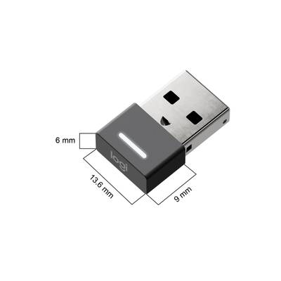 'USB-Empfänger mit den Abmessungen: 13,6 mm x 9 mm x 6 mm.'