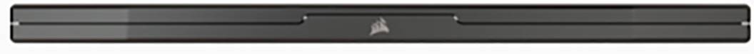 Schwarze Soundbar mit schmalem und modernem Design. Ein Logo befindet sich in der Mitte der Vorderseite.