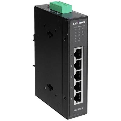 Ein schwarzer 5-Port Ethernet-Switch mit der Aufschrift 'IGS-1005' und fünf Ethernet-Anschlüssen an der Vorderseite.