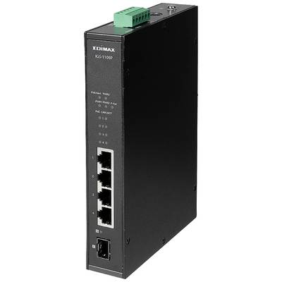 Ein schwarzer, industrieller PoE-Switch von Edimax mit fünf Ethernet-Ports und einer Glasfaserverbindung, geeignet für robuste Netzwerke.