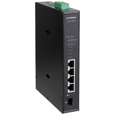 Ein schwarzer Netzwerk-Switch mit fünf Ethernet-Ports und einem SFP-Port. Der Switch ist vertikal aufgestellt und zeigt die Portseite.