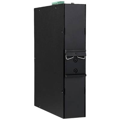 Ein schwarzes elektronisches Gerät in vertikaler Ausrichtung, von der Seite betrachtet, mit sichtbaren Schrauben auf der Vorderseite.