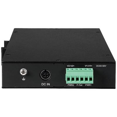 Schwarzer Elektronikadapter mit Anschlüssen und Beschriftungen 'DC IN', 'V2-V2+', 'V1-V1+', 'DC48-55V', 'PWR2', 'P-Fail', 'PWR1'.