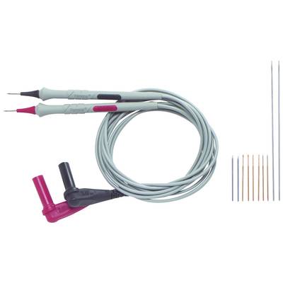 Zwei Messleitungen mit spitzen Prüfspitzen und abgewinkelten Steckern, geeignet für elektrische Messungen, daneben mehrere Ersatzspitzen.