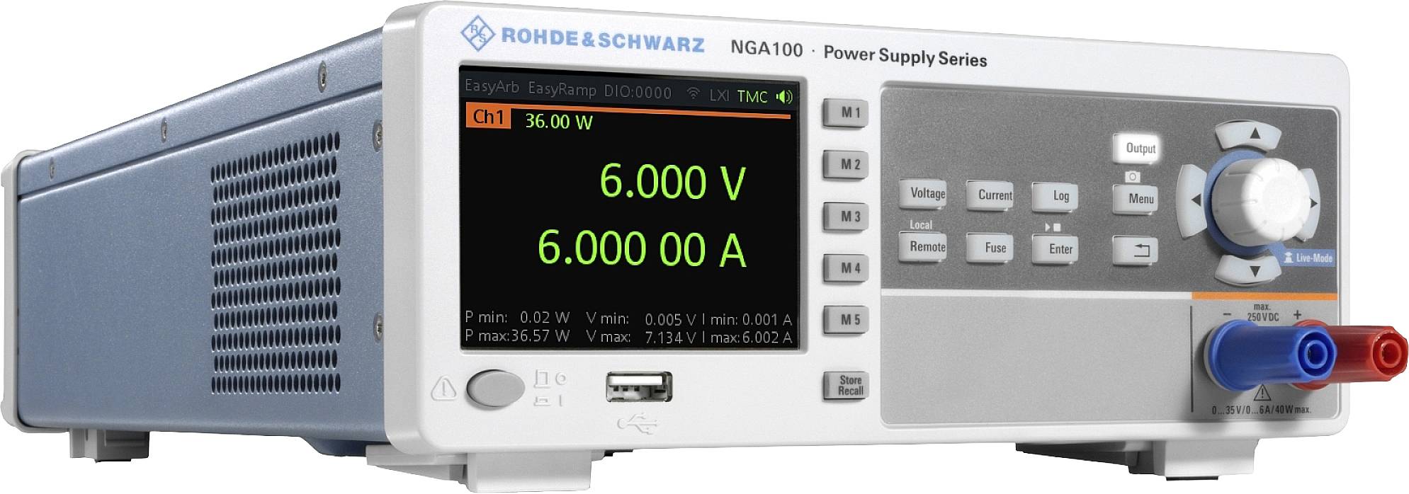 Ein Labornetzgerät zeigt auf seinem Display '6,000 V' und '6,000 A'. Es hat Tasten für verschiedene Funktionen und rote sowie blaue Anschlussbuchsen.