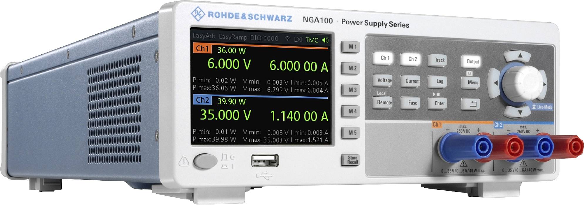 Labor-Stromversorgung mit mehreren Einstellknöpfen und digitalen Anzeigen für Spannung und Stromstärke. Modell: NGA100.