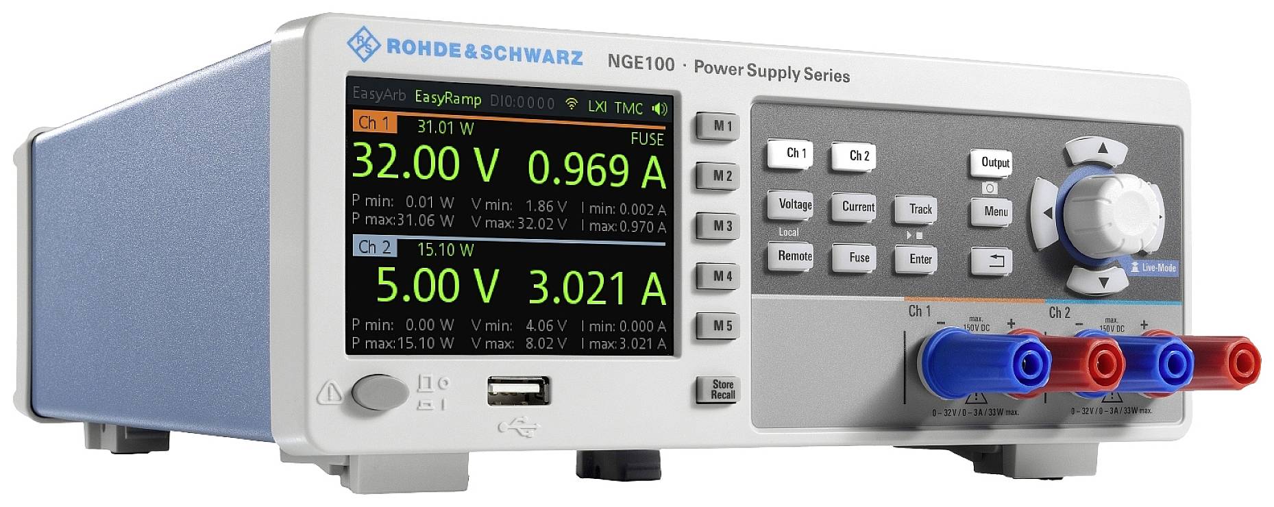 Ein digitales Netzgerät mit Display zeigt Spannungen von 32,00 V und 5,00 V bei Strömen von 0,969 A und 3,021 A an.