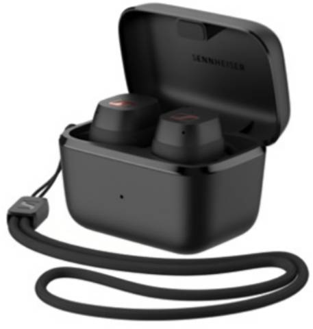 Ein Paar schwarze kabellose Kopfhörer in einer offenen Ladestation. Ein Riemen ist an der Station befestigt.