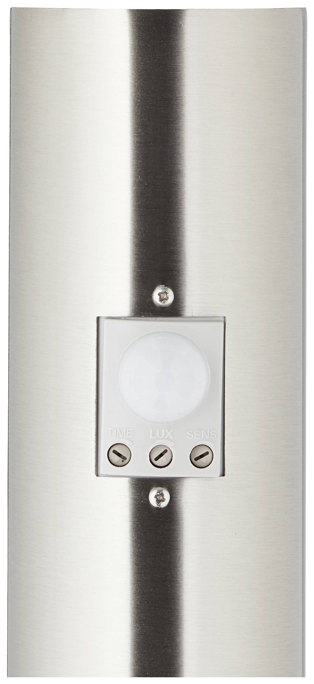 Eine sensorbasierte Outdoor-Leuchte mit Edelstahl-Erscheinung, PIR-Sensor und drei Einstelloptionen: Zeit, Lichtintensität und Empfindlichkeit.