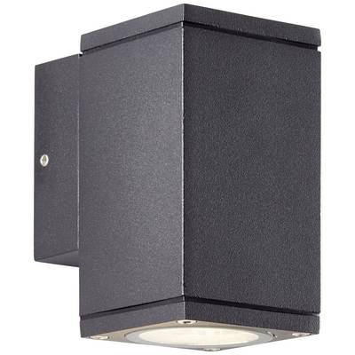 Eine moderne Außenwandleuchte in eckigem Design, nach unten gerichtetes Licht. Matt-schwarze Oberfläche, schlicht und funktional.