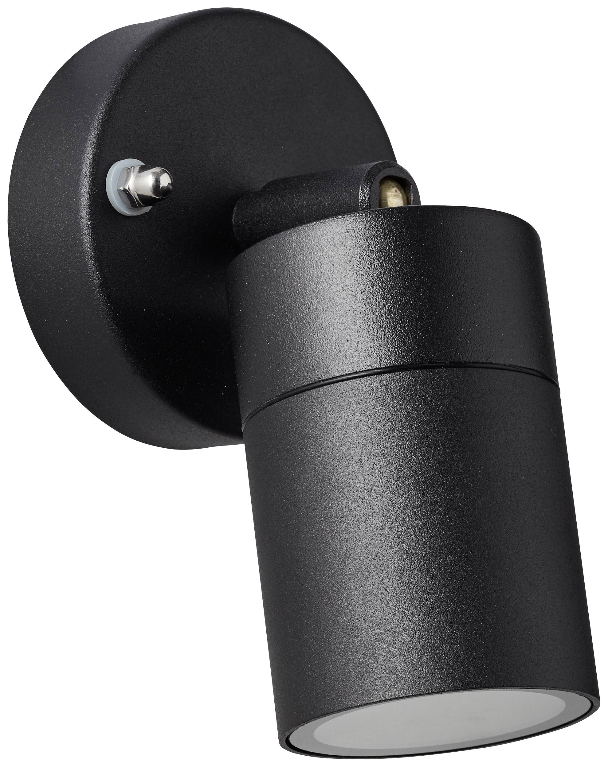 Schwarze, zylindrische Wandlampe mit kreisförmiger Basis und verstellbarem Kopf zur Anpassung des Lichtwinkels.