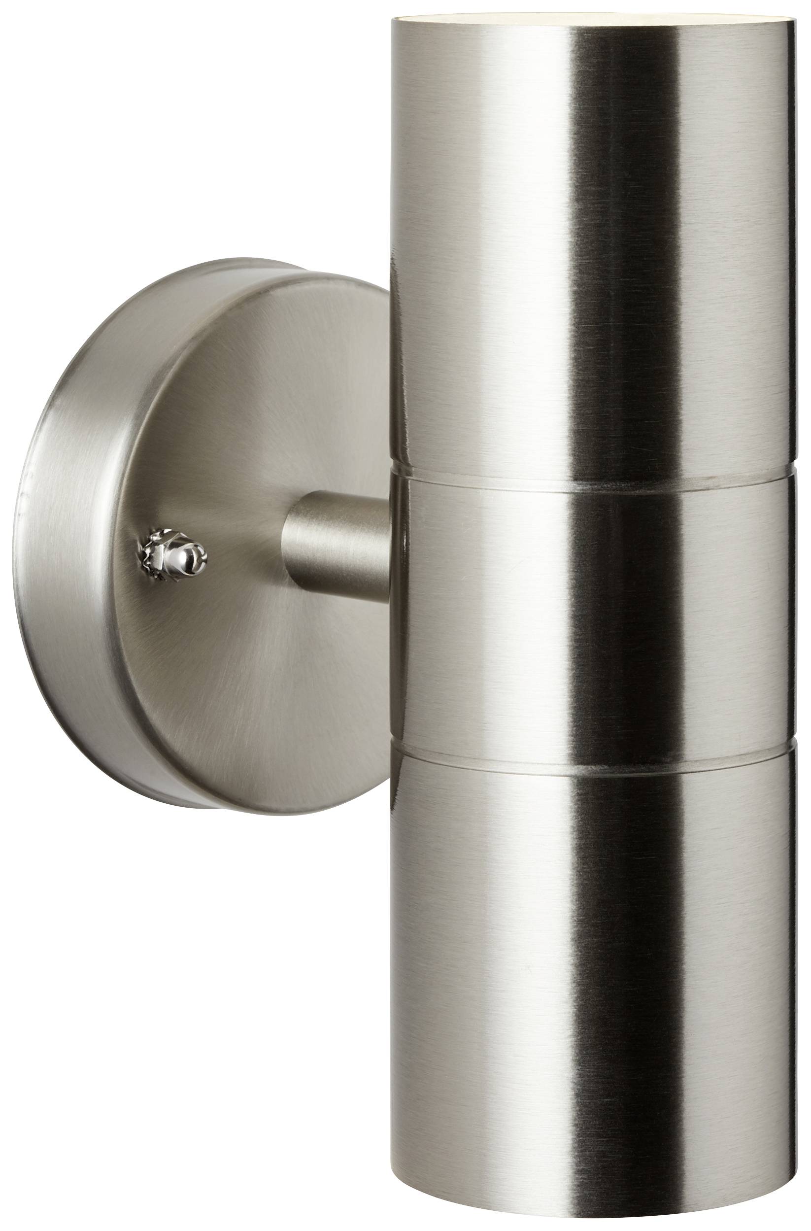 Zylindrische Metall-Wandleuchte in gebürstetem Stahl mit zwei Lichtquellen. Moderner, minimalistischer Stil für Innenbereiche.