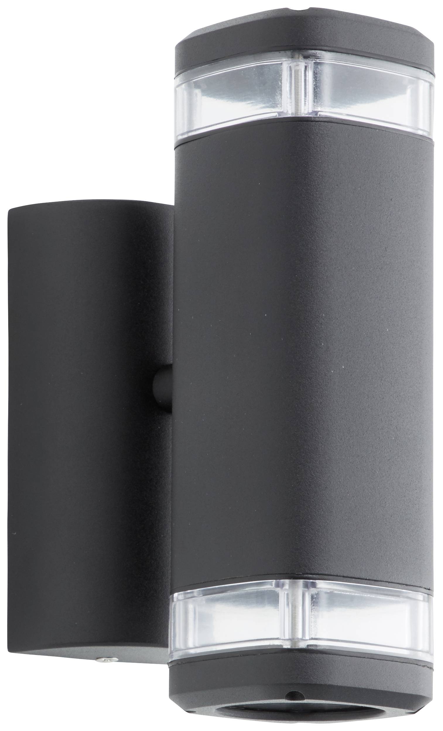 Schwarze, zylindrische Außenleuchte mit Lichtaustritt nach oben und unten. Minimalistisches Design für moderne Architektur.