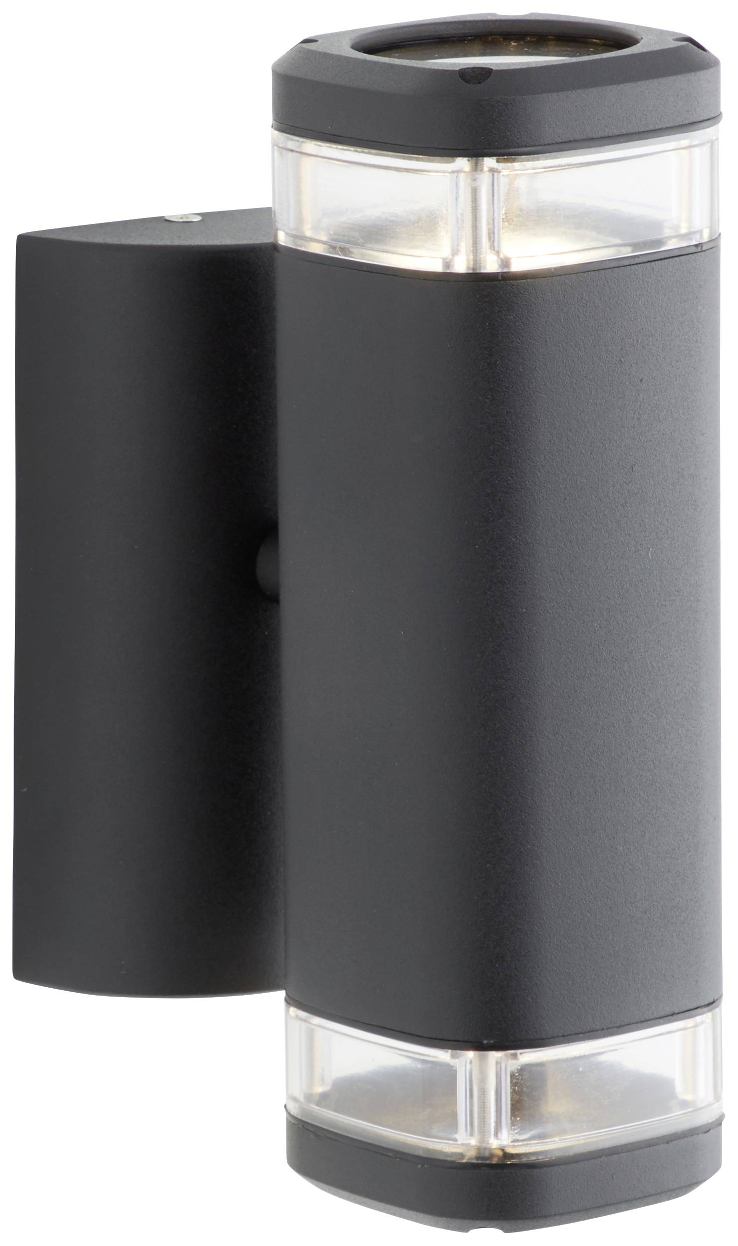 Schwarze, zylindrische Wandleuchte mit zwei Lichtquellen oben und unten, zur Beleuchtung in modernen Außenbereichen.