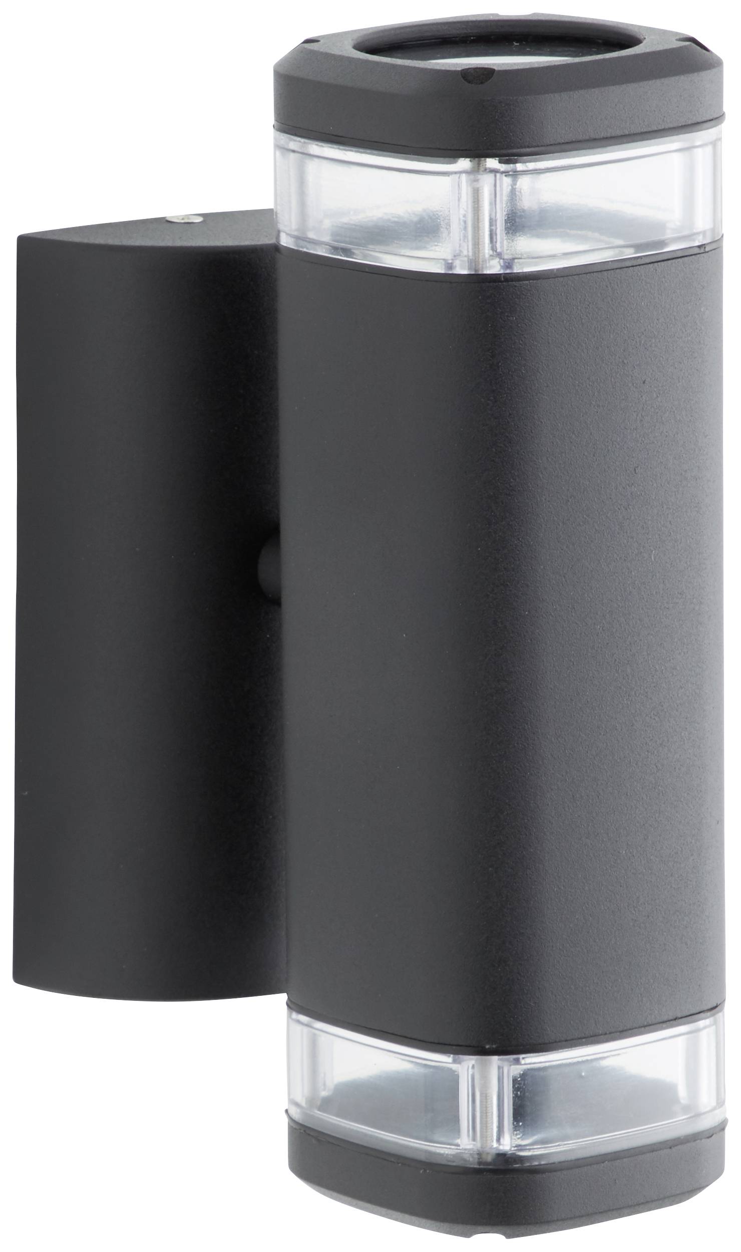 Eine moderne, schwarze Außenwandleuchte mit zylindrischem Design und transparenten Abdeckungen oben und unten für beidseitige Beleuchtung.