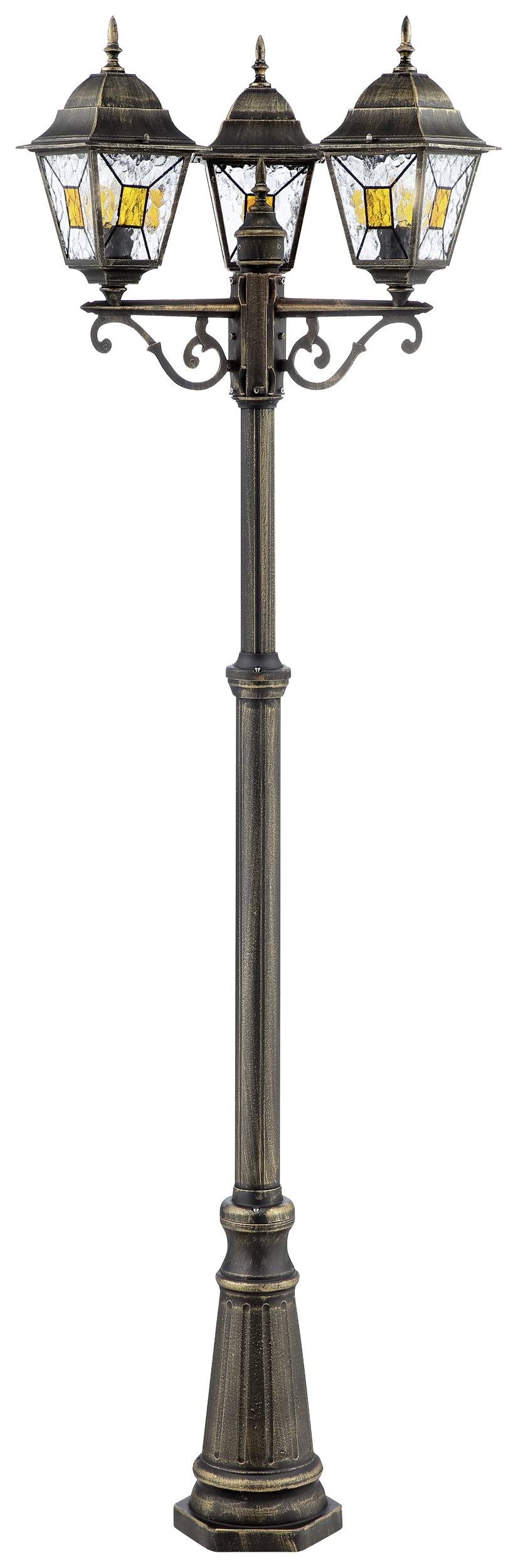 Eine antike Straßenlaterne mit drei Laternenköpfen und dekorativen Details aus Metall.