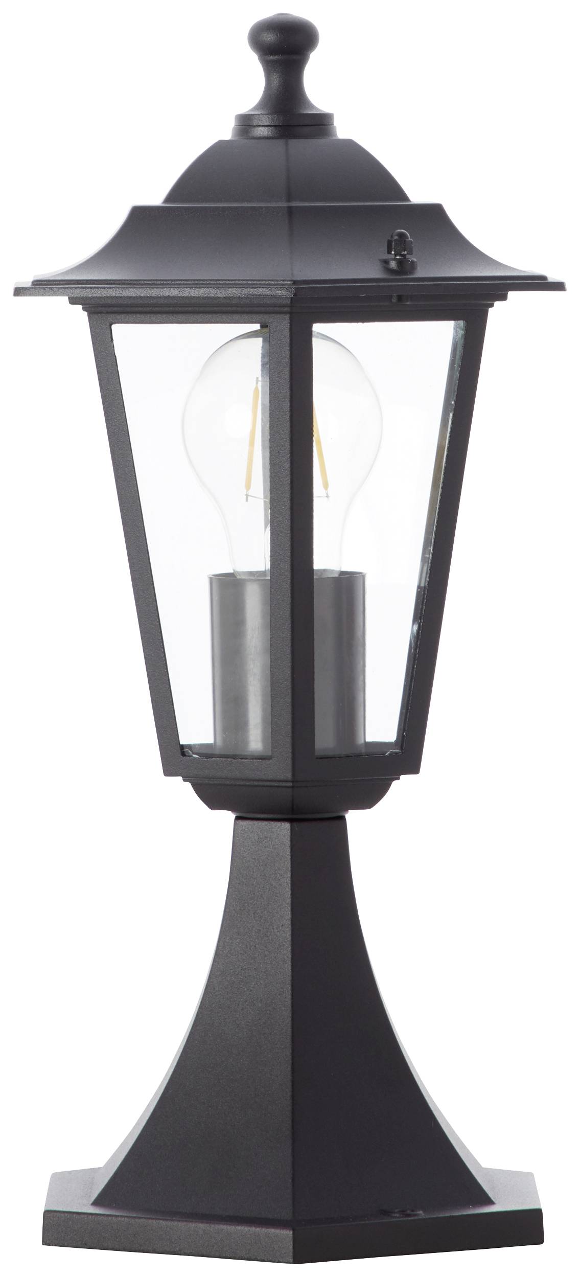 Schwarze Laterne im klassischen Stil mit transparenter Glühbirne; eckiges Design mit spitzem Dach und dekorativem Knauf.