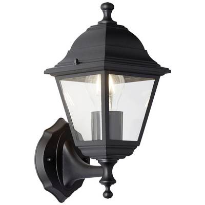 Schwarze Außenwandleuchte mit klassischem Laternen-Design, montiert an einer Wandhalterung, leuchtet mit einer sichtbaren Glühbirne.