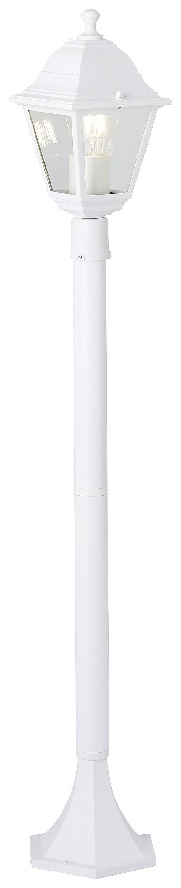 Eine weiße, traditionelle Straßenlaterne mit klarer Glasabdeckung und spitzem Dach. Ideal für klassische Außenbeleuchtung.