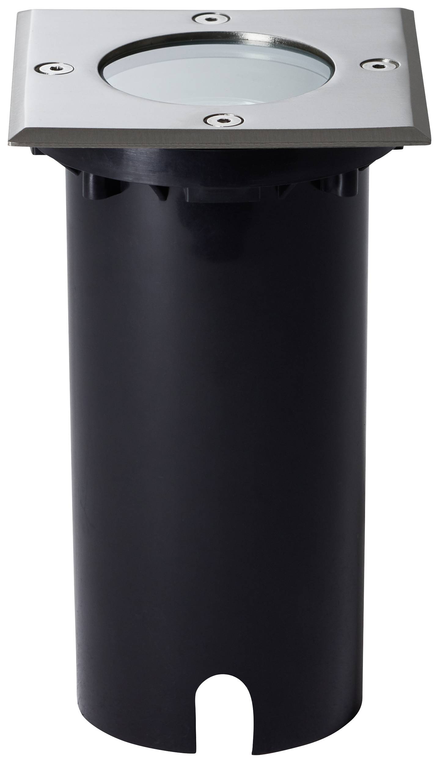 Schwarz-silberner Bodeneinbaustrahler mit rundem Glaseinsatz, geeignet für Außeneinsätze wie Garten- oder Wegebeleuchtung.